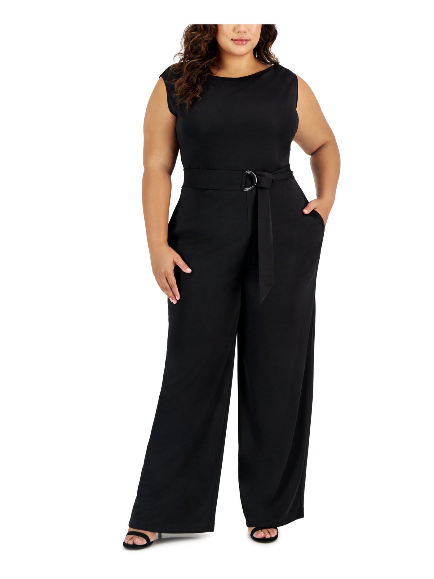 ANNE KLEIN Womens Black Zippered Pocketed D-ring Belt Cap Sleeve Crew Neck Wear To Work Wide Leg Jumpsuit Plus 0X