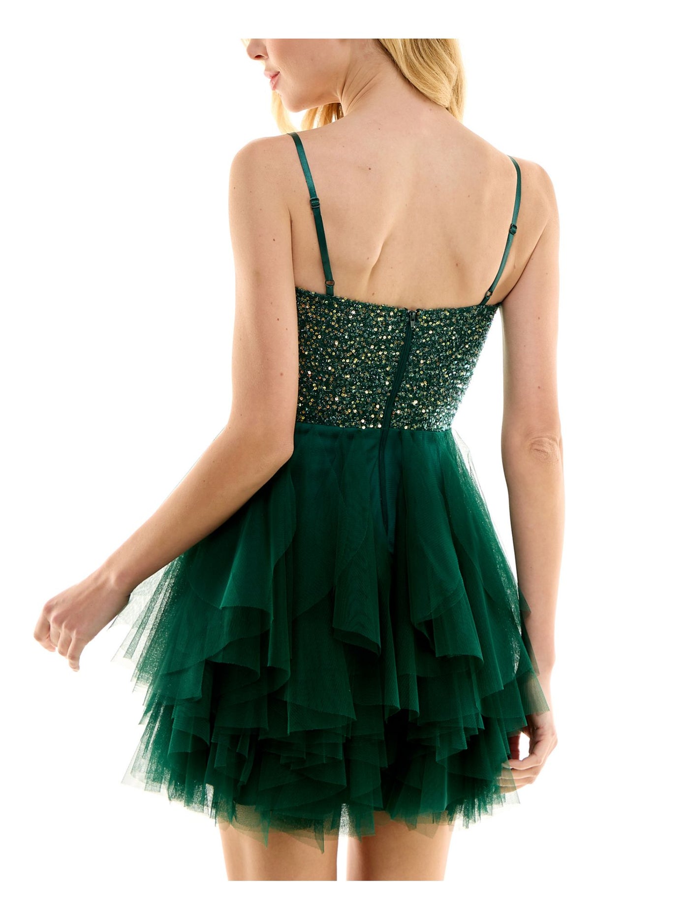 CITY STUDIO Womens Green Sequined Zippered Layered Tulle Skirt Lined Spaghetti Strap Sweetheart Neckline Mini Party Fit + Flare Dress Juniors 3\4