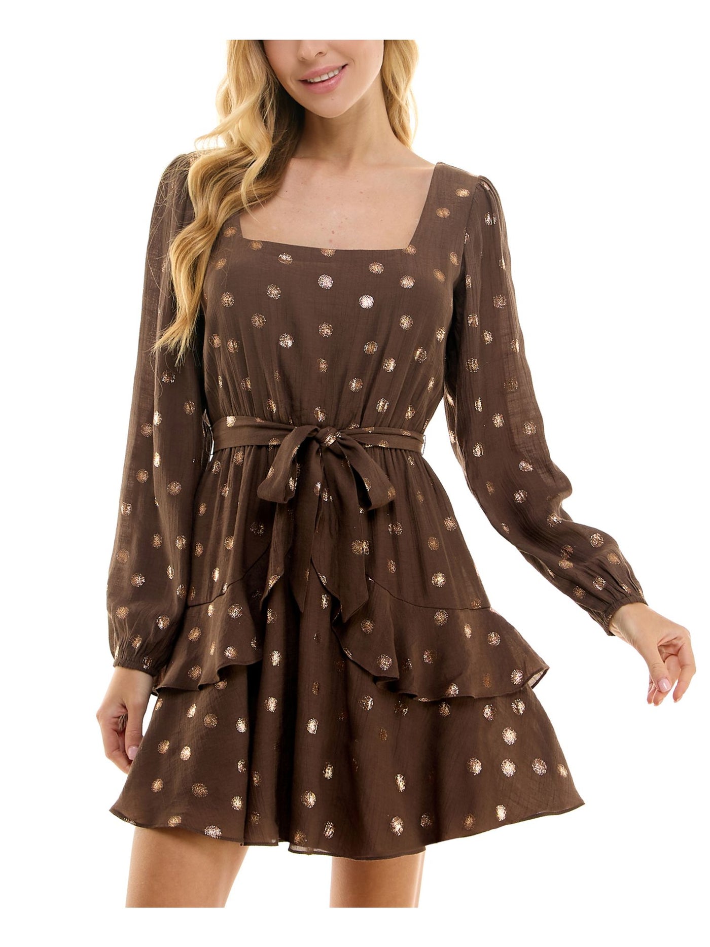 CITY STUDIO Womens Brown Ruffled Lined Self-tie Belt Long Sleeve Square Neck Short Party Fit + Flare Dress S