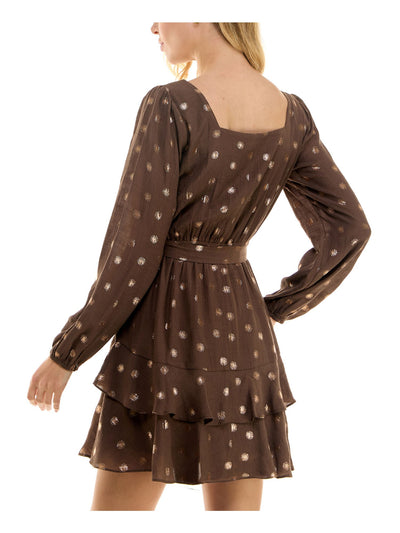 CITY STUDIO Womens Brown Ruffled Lined Self-tie Belt Long Sleeve Square Neck Short Party Fit + Flare Dress S