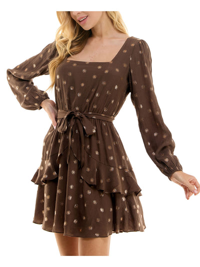 CITY STUDIO Womens Brown Ruffled Lined Self-tie Belt Long Sleeve Square Neck Short Party Fit + Flare Dress S