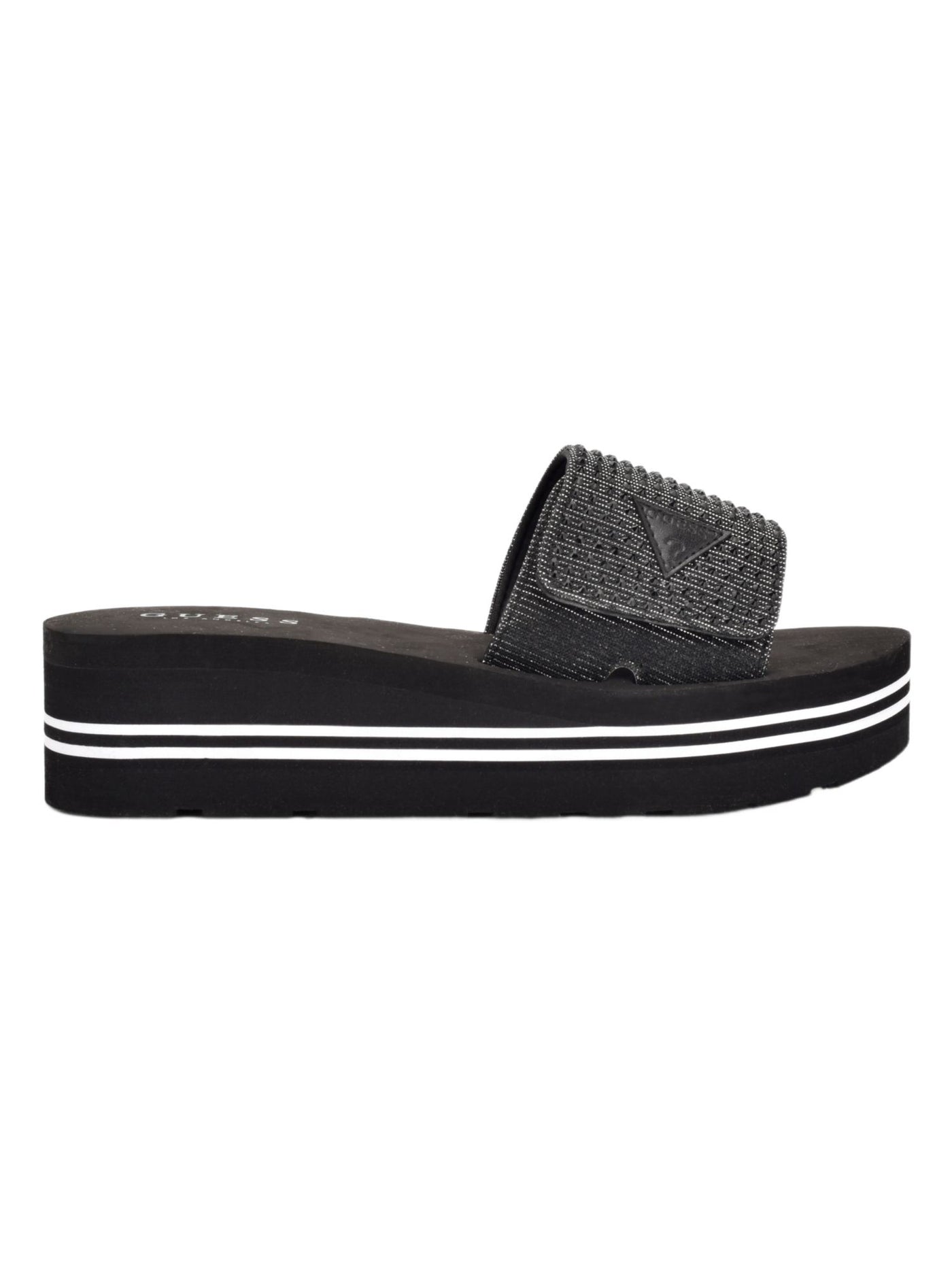 GUESS Womens Black Metallic Logo Patch 1" Platform Rhinestone Adjustable Abet Round Toe Wedge Slip On Slide Sandals Shoes 5 M