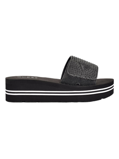 GUESS Womens Black Metallic Logo Patch 1" Platform Rhinestone Adjustable Abet Round Toe Wedge Slip On Slide Sandals Shoes 5 M