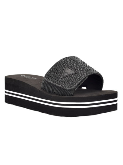 GUESS Womens Black Metallic Logo Patch 1" Platform Rhinestone Adjustable Abet Round Toe Wedge Slip On Slide Sandals Shoes 5 M