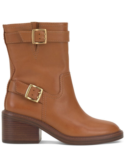 VINCE CAMUTO Womens Brown Lug Sole Padded Goring Buckle Accent Vergila Round Toe Block Heel Zip-Up Leather Moto 8 M