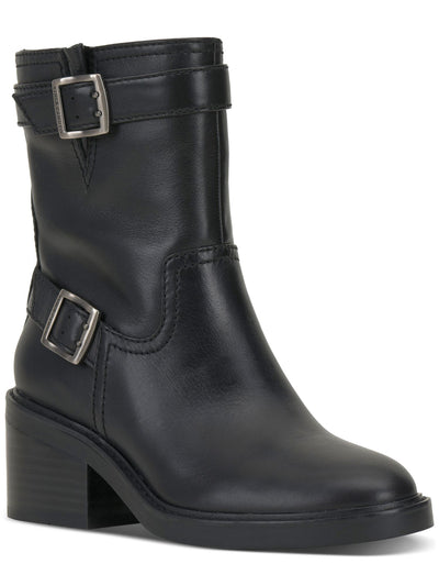 VINCE CAMUTO Womens Black Lug Sole Goring Buckle Accent Vergila Almond Toe Block Heel Zip-Up Leather Moto 6.5 M