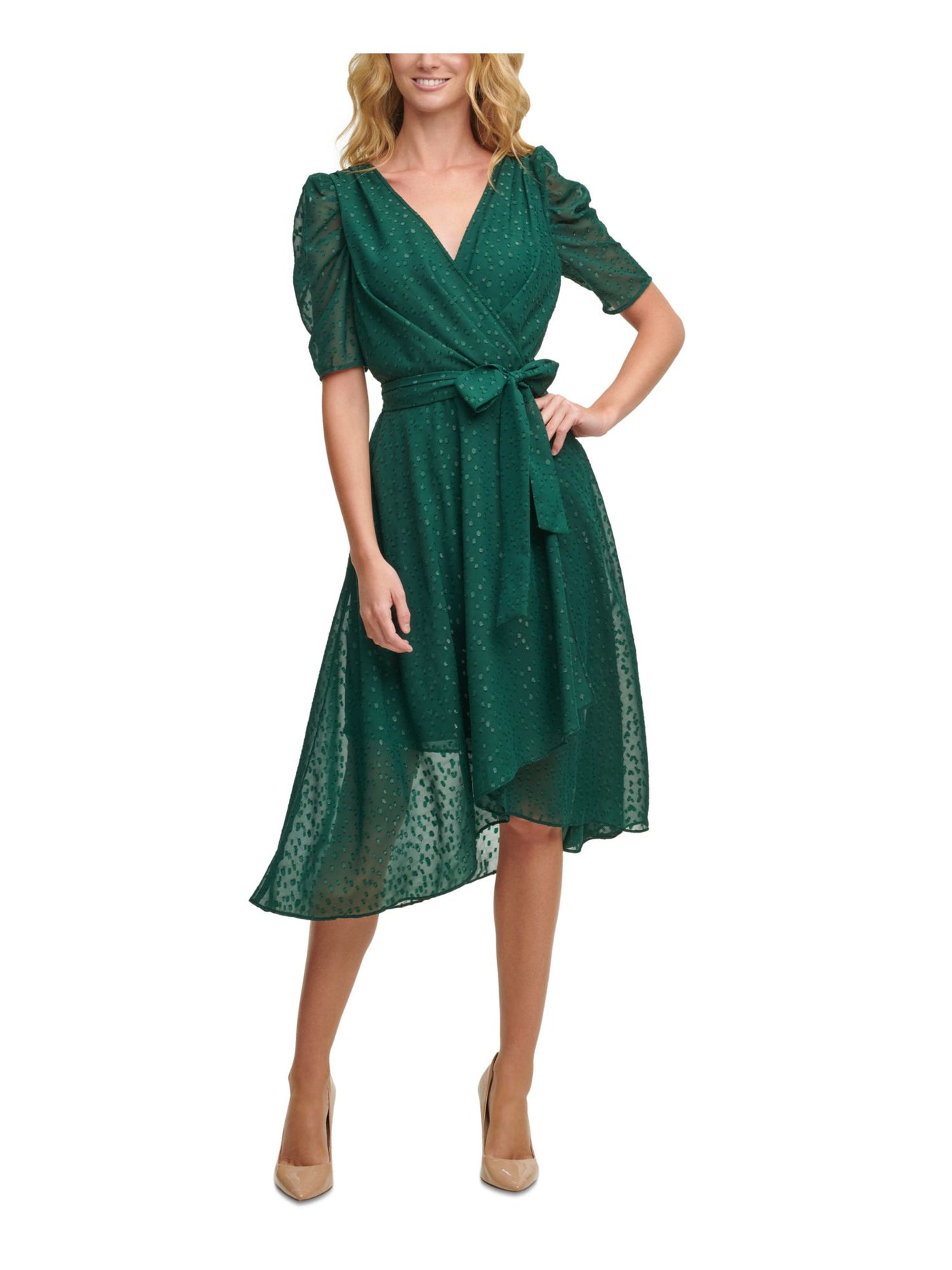 TOMMY HILFIGER Womens Green Zippered Tie Glitter Pouf Sleeve Surplice Neckline Midi A-Line Dress Petites 8P