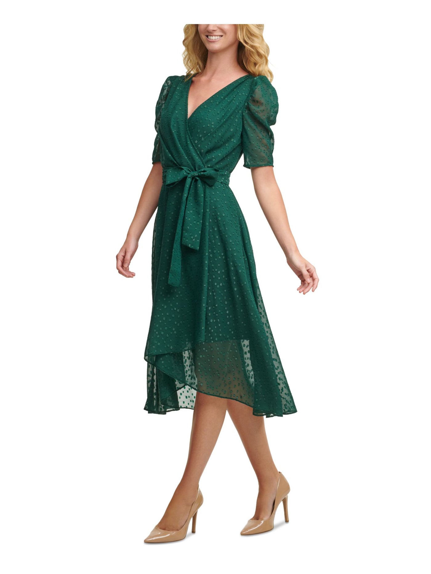 TOMMY HILFIGER Womens Green Zippered Tie Glitter Pouf Sleeve Surplice Neckline Midi A-Line Dress Petites 8P