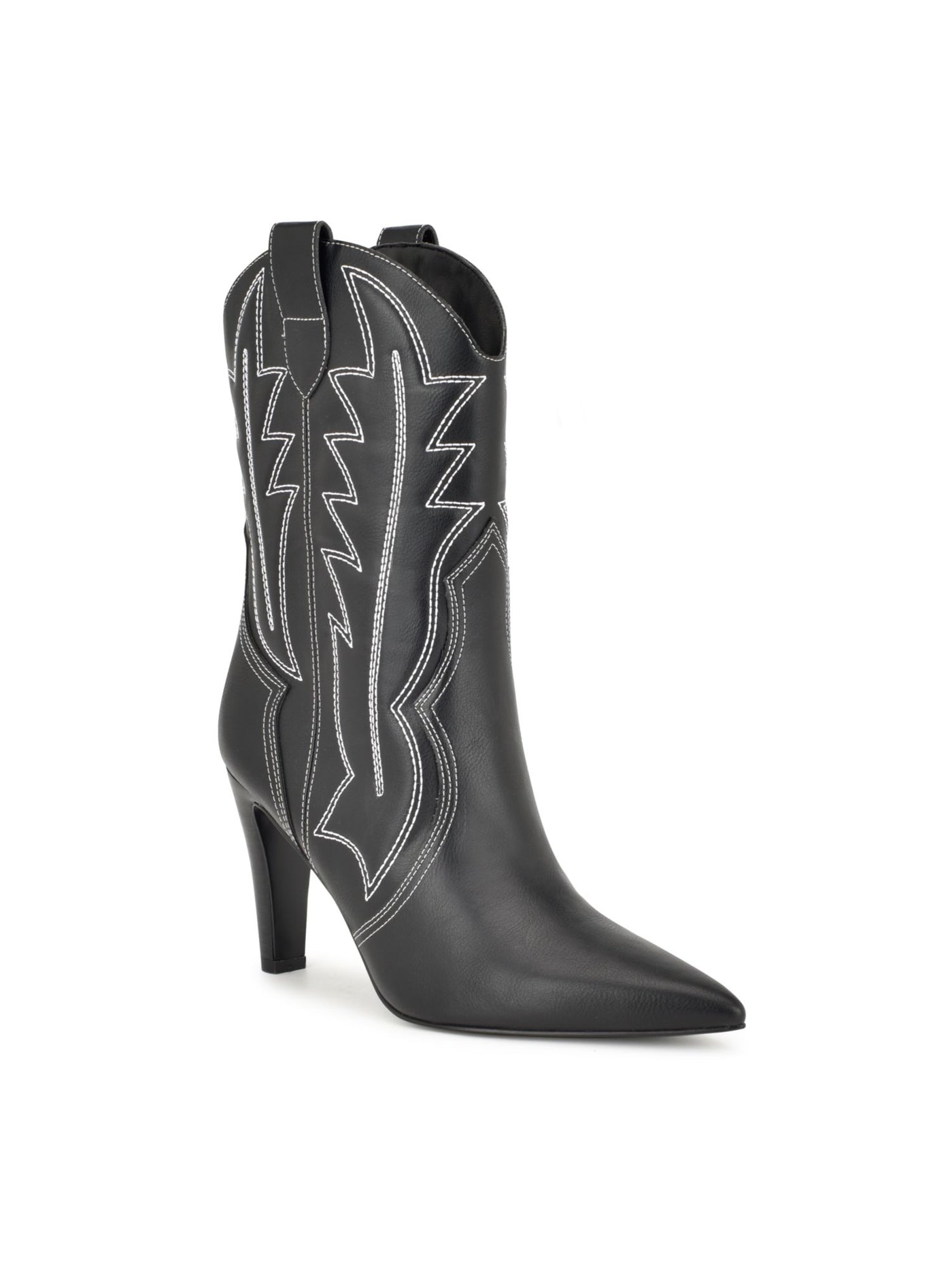 NINE WEST Womens Black Dual Pull-Tab Embroidered Padded Alama Pointed Toe Stacked Heel Western Boot 8 M
