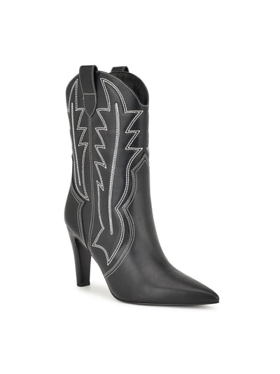 NINE WEST Womens Black Dual Pull-Tab Embroidered Padded Alama Pointed Toe Stacked Heel Western Boot 8 M
