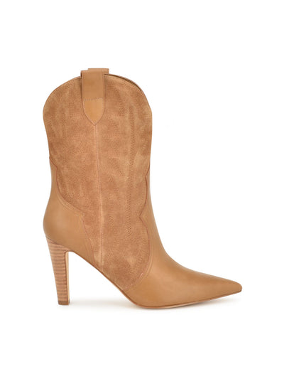 NINE WEST Womens Beige Mixed Media Dual Pull-Tabs Embroidered Padded Alama Pointed Toe Stacked Heel Dress Western Boot 8 M