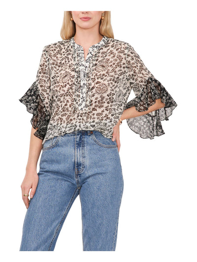 VINCE CAMUTO Womens Ivory Pleated Sheer Button Closure Curved Hem Floral 3/4 Sleeve Split Henley Top S