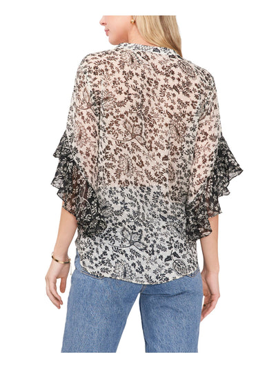 VINCE CAMUTO Womens Ivory Pleated Sheer Button Closure Curved Hem Floral 3/4 Sleeve Split Henley Top S
