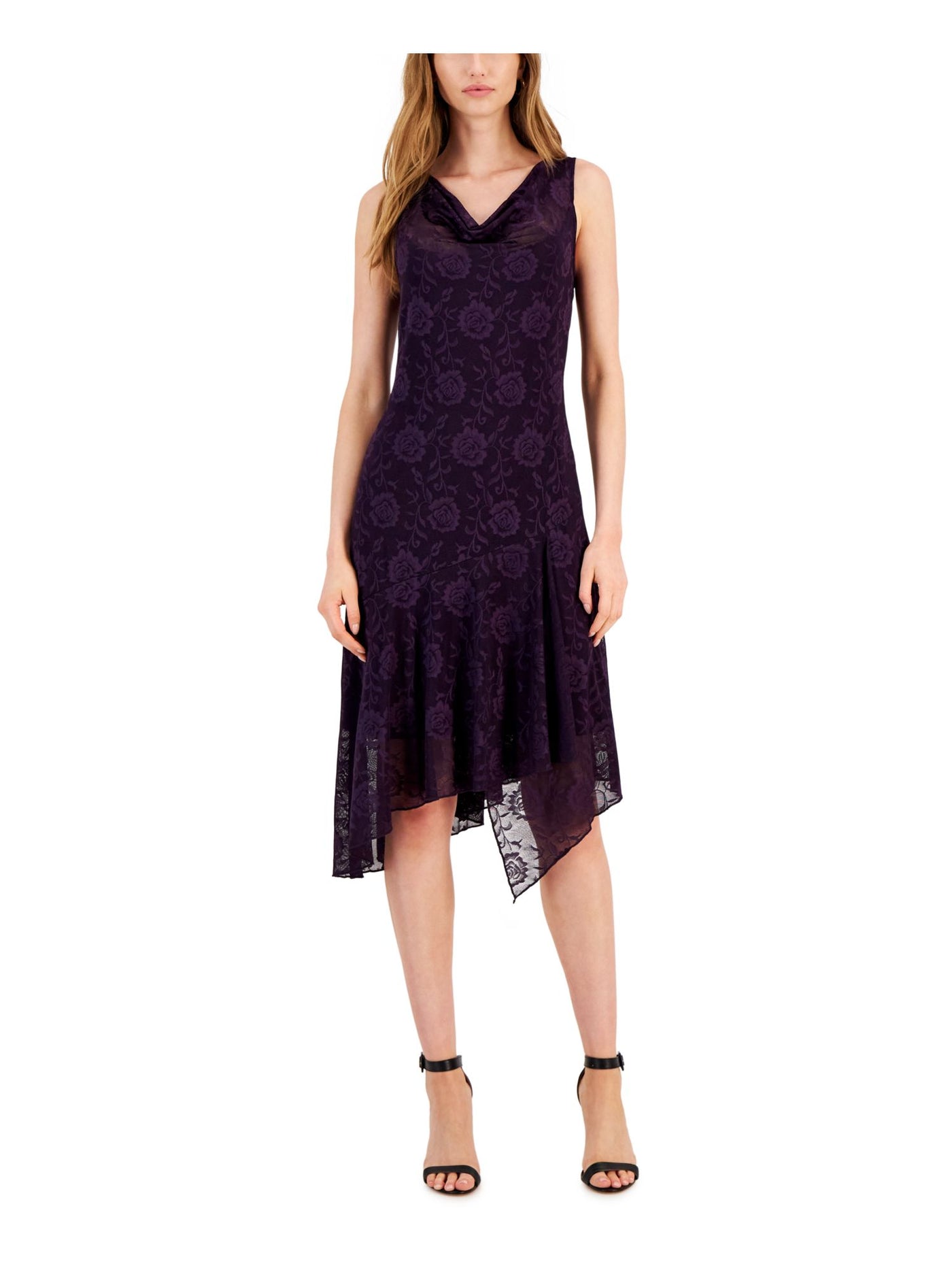 CONNECTED APPAREL Womens Purple Lined Handkerchief-hem Pullover Sleeveless Cowl Neck Midi Cocktail Sheath Dress 10