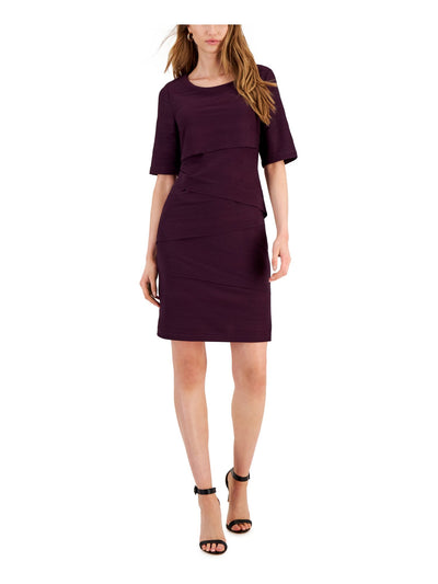 CONNECTED APPAREL Womens Purple Ribbed Lined Asymmetrical Tiers Elbow Sleeve Round Neck Above The Knee Wear To Work Sheath Dress 4