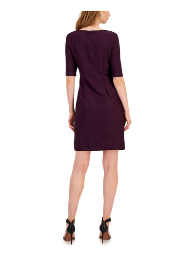 CONNECTED APPAREL Womens Purple Ribbed Lined Asymmetrical Tiers Elbow Sleeve Round Neck Above The Knee Wear To Work Sheath Dress 4