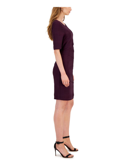 CONNECTED APPAREL Womens Purple Ribbed Lined Asymmetrical Tiers Elbow Sleeve Round Neck Above The Knee Wear To Work Sheath Dress 4