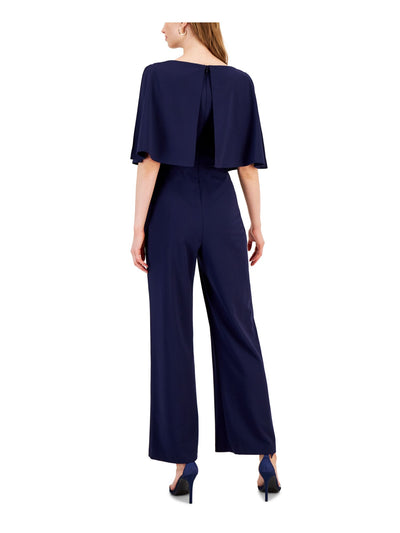 CONNECTED APPAREL Womens Navy Stretch Zippered Slitted Overlay Elbow Sleeve Boat Neck Evening Wide Leg Jumpsuit 12