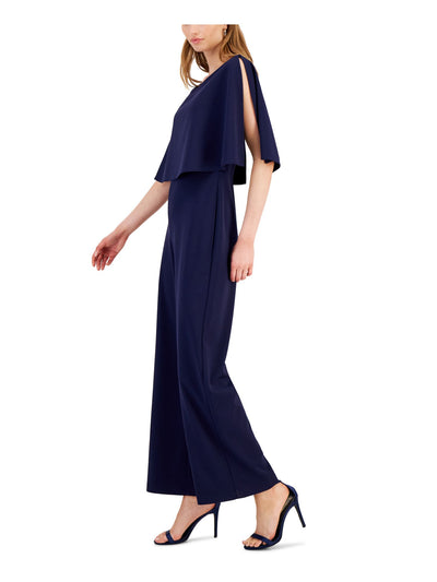 CONNECTED APPAREL Womens Navy Stretch Zippered Slitted Overlay Elbow Sleeve Boat Neck Evening Wide Leg Jumpsuit 12