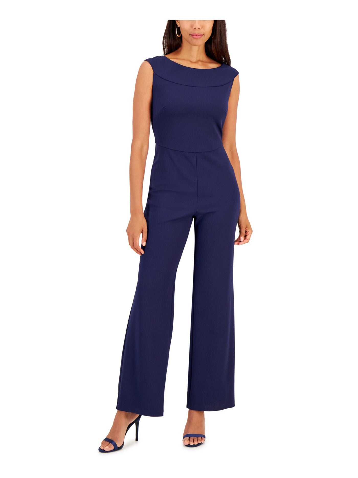 CONNECTED APPAREL Womens Navy Zippered Partial Lined Cap Sleeve Round Neck Wear To Work Wide Leg Jumpsuit 10