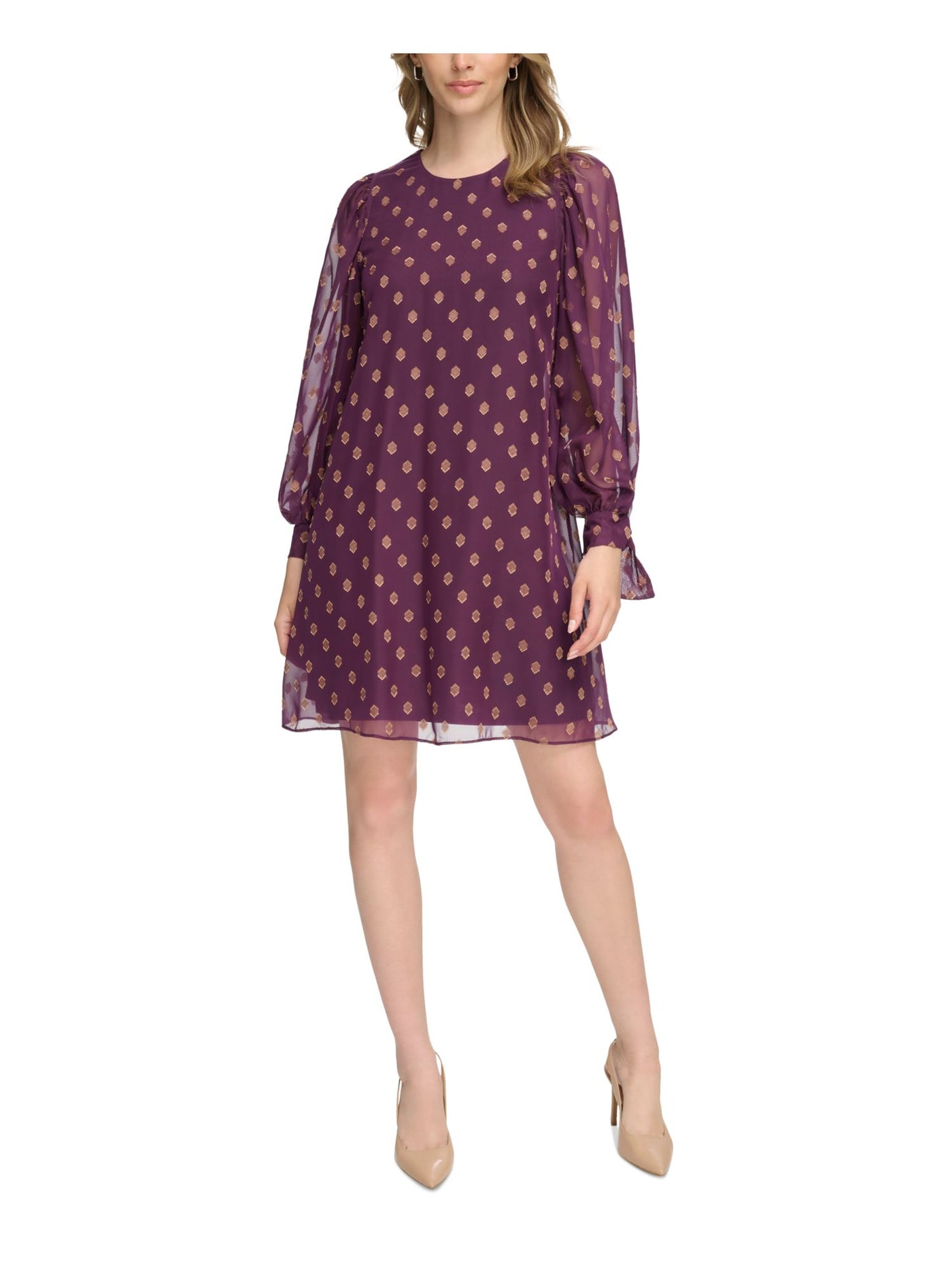 CALVIN KLEIN Womens Purple Lined Tie Cuffs Printed Balloon Sleeve Jewel Neck Above The Knee Wear To Work Shift Dress 6