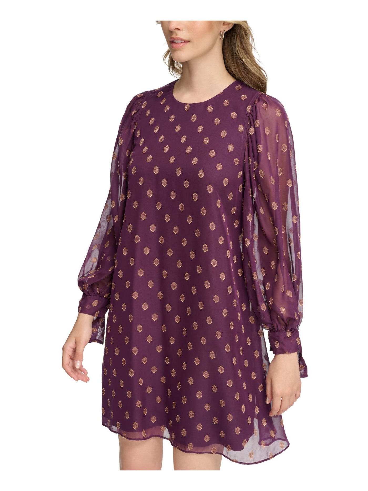 CALVIN KLEIN Womens Purple Lined Tie Cuffs Printed Balloon Sleeve Jewel Neck Above The Knee Wear To Work Shift Dress 6