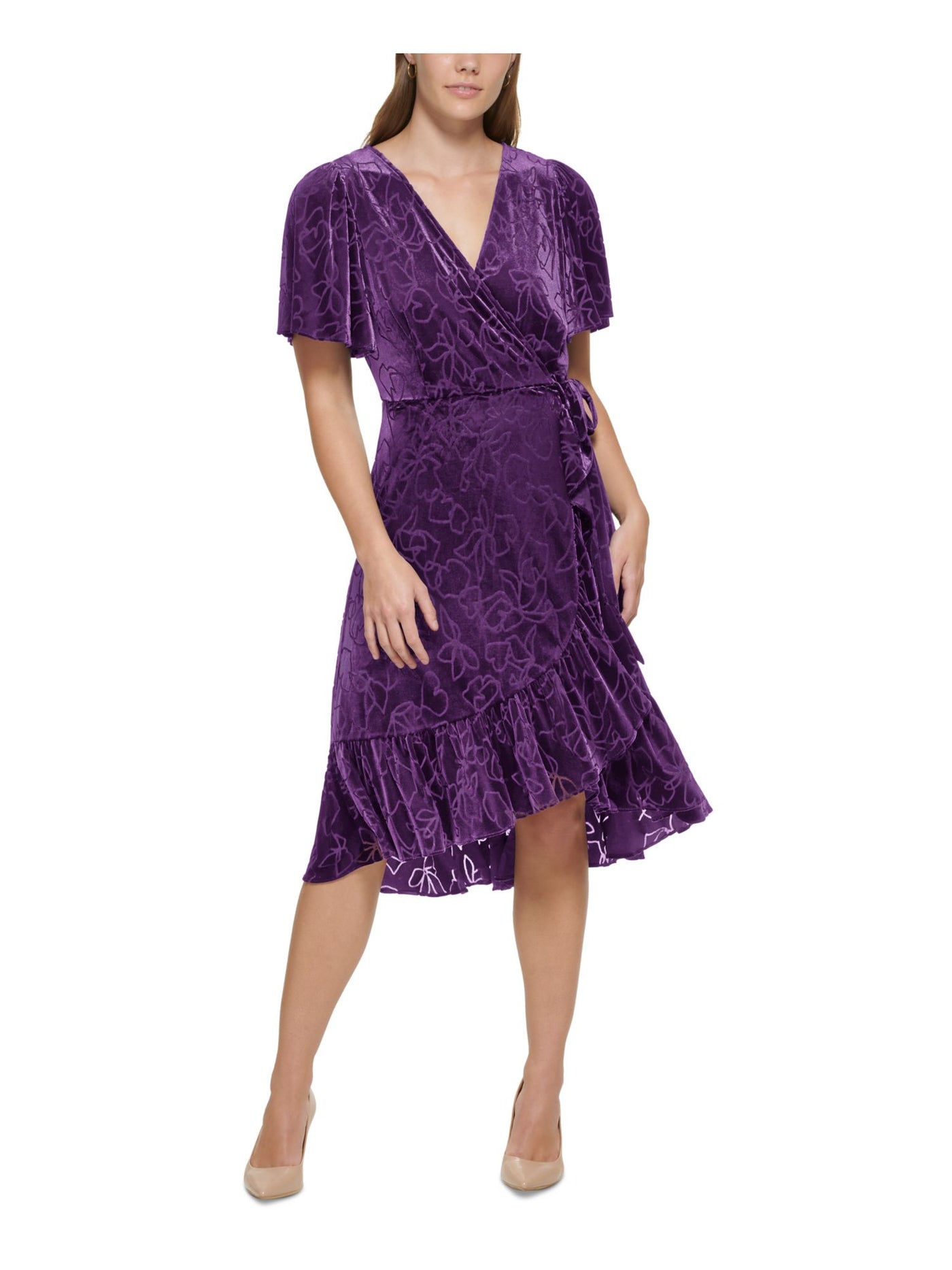 CALVIN KLEIN Womens Purple Zippered Lined Ruffled Hi-lo Hem Tie-waist Flutter Sleeve Surplice Neckline Midi Wear To Work Faux Wrap Dress 4