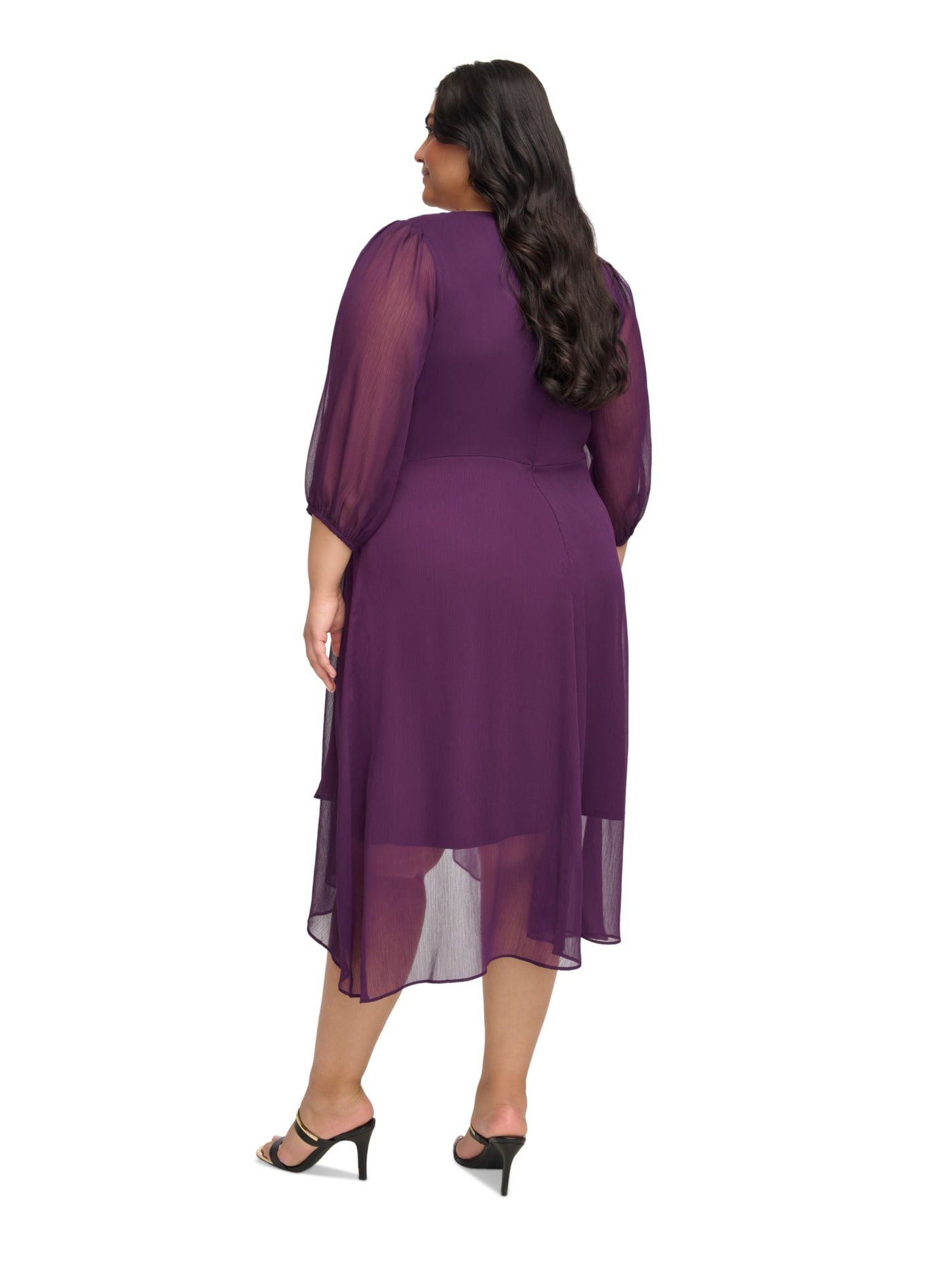 DKNY Womens Purple Zippered Twist Front Hi-lo Hem Balloon Sleeve Surplice Neckline Midi Party Fit + Flare Dress Plus 18W