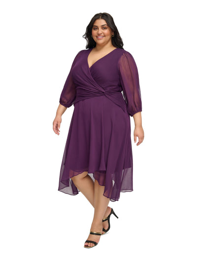 DKNY Womens Purple Zippered Twist Front Hi-lo Hem Balloon Sleeve Surplice Neckline Midi Party Fit + Flare Dress Plus 18W