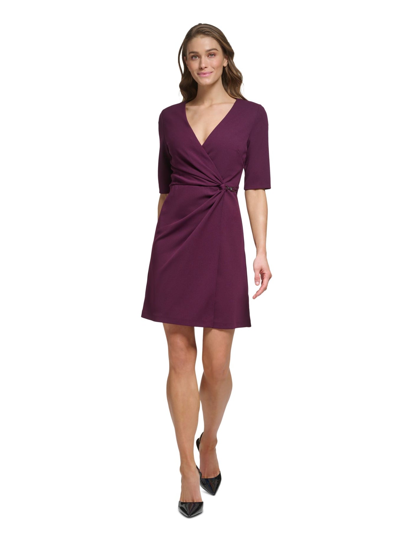 DKNY Womens Purple Ruched Zippered Knotted Waist Hardware Accent Elbow Sleeve Surplice Neckline Above The Knee Wear To Work Faux Wrap Dress 4