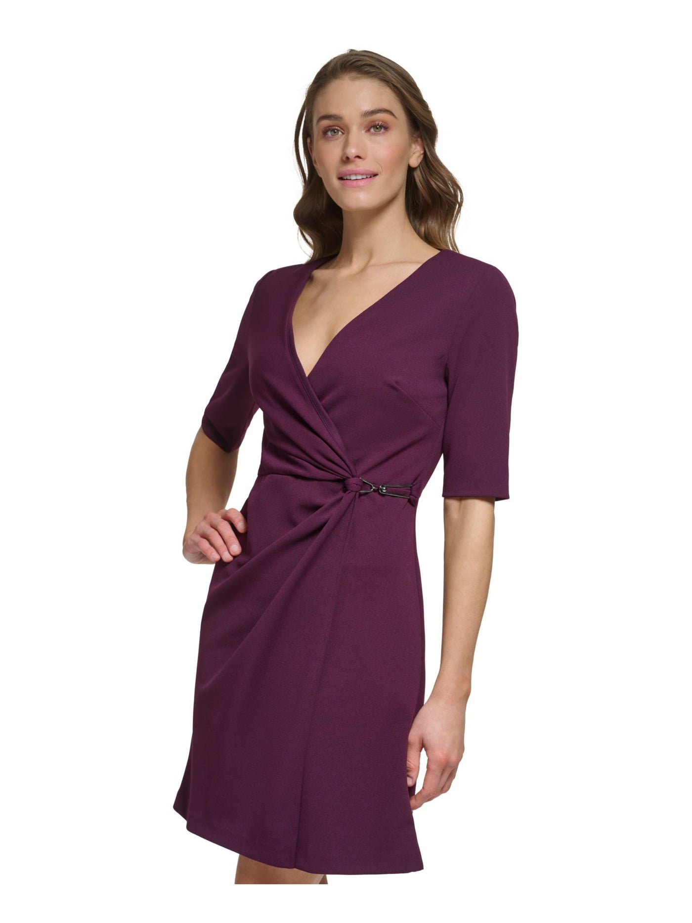 DKNY Womens Purple Ruched Zippered Knotted Waist Hardware Accent Elbow Sleeve Surplice Neckline Above The Knee Wear To Work Faux Wrap Dress 4