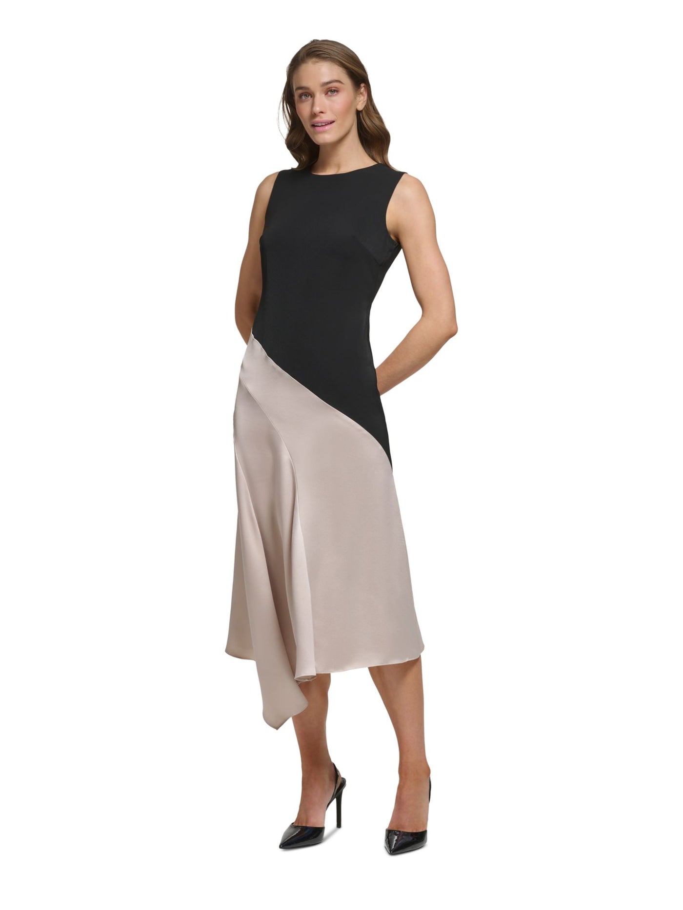 DKNY Womens Black Zippered Lined Asymmetric Hem Color Block Sleeveless Jewel Neck Tea-Length Party Sheath Dress 2