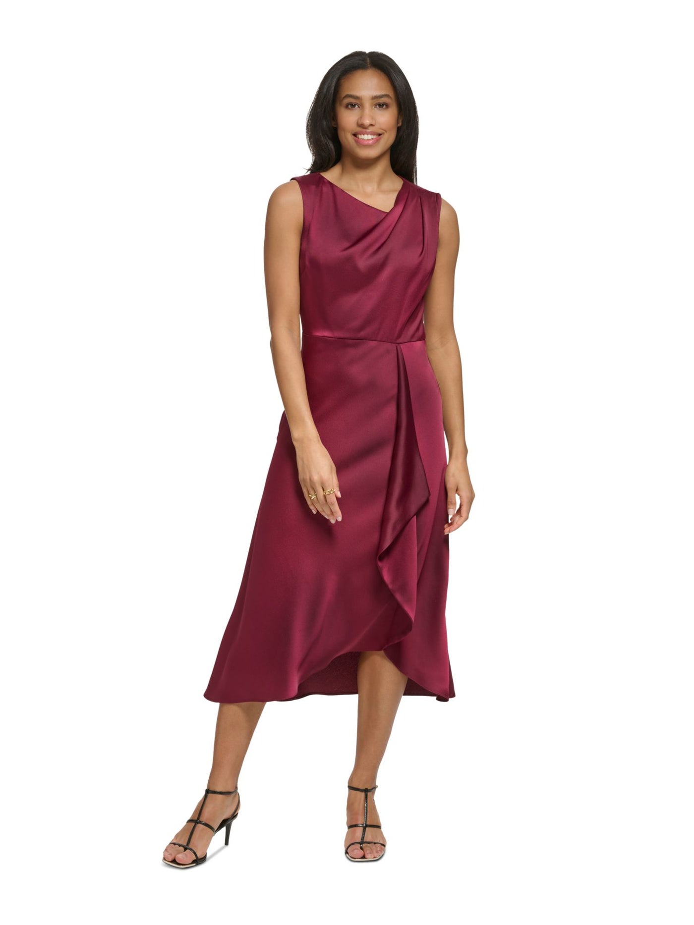 DKNY Womens Burgundy Pleated Zippered Sleeveless Asymmetrical Neckline Midi Party Faux Wrap Dress 2