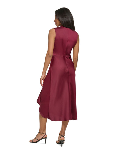 DKNY Womens Burgundy Pleated Zippered Sleeveless Asymmetrical Neckline Midi Party Faux Wrap Dress 2