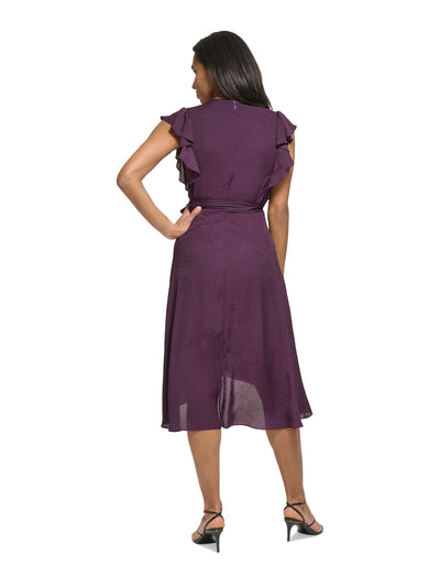 DKNY Womens Purple Zippered Lined Gathered Self-tie Belt Flutter Sleeve Surplice Neckline Midi Party Hi-Lo Dress 6