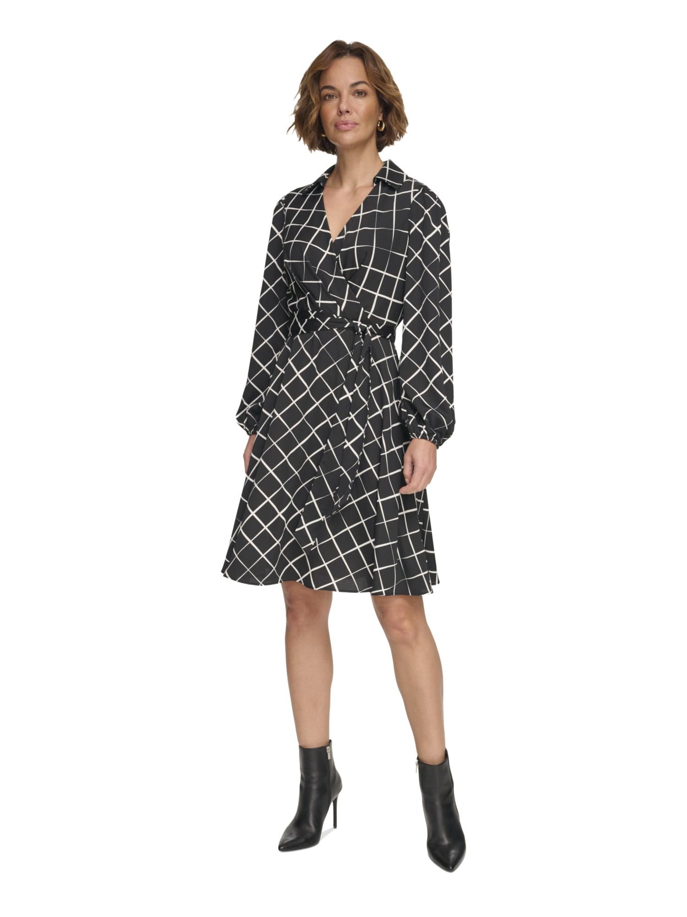 DKNY Womens Black Pleated Zippered Johnny Collar Tie-belt Printed Blouson Sleeve Surplice Neckline Above The Knee Wear To Work Sheath Dress 6