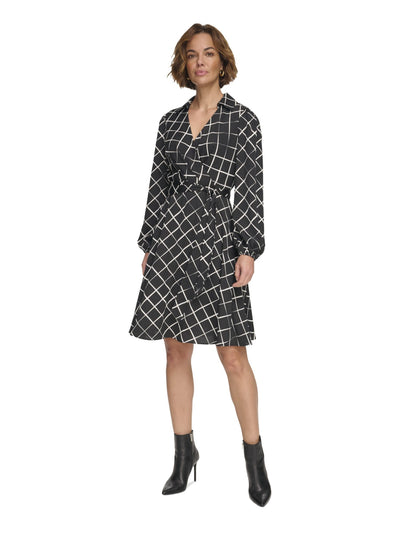 DKNY Womens Black Pleated Zippered Johnny Collar Tie-belt Printed Blouson Sleeve Surplice Neckline Above The Knee Wear To Work Sheath Dress 6