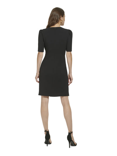 DKNY Womens Black Twist Front Zippered Short Sleeve Surplice Neckline Above The Knee Wear To Work Faux Wrap Dress 6