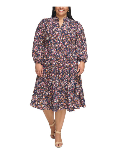 JESSICA HOWARD Womens Navy Zippered Tiered Floral Blouson Sleeve Split Below The Knee Fit + Flare Dress Plus 14W