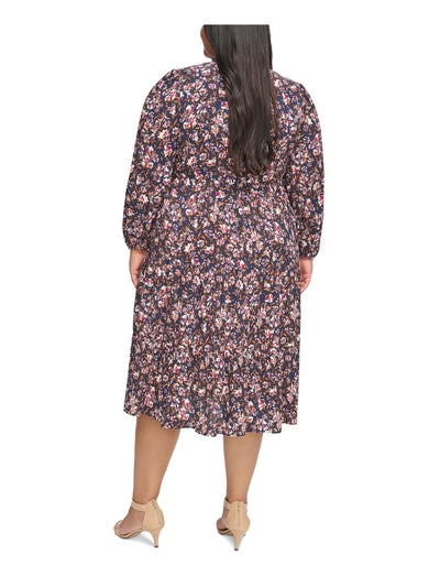 JESSICA HOWARD Womens Navy Zippered Tiered Floral Blouson Sleeve Split Below The Knee Fit + Flare Dress Plus 14W