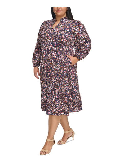 JESSICA HOWARD Womens Navy Zippered Tiered Floral Blouson Sleeve Split Below The Knee Fit + Flare Dress Plus 24W