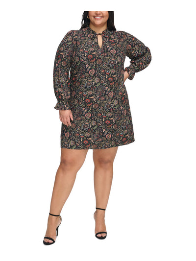 JESSICA HOWARD Womens Black Lined Pleated Ruffle Sleeve Tie Neck Floral Long Sleeve Split Short Shift Dress Plus 18W