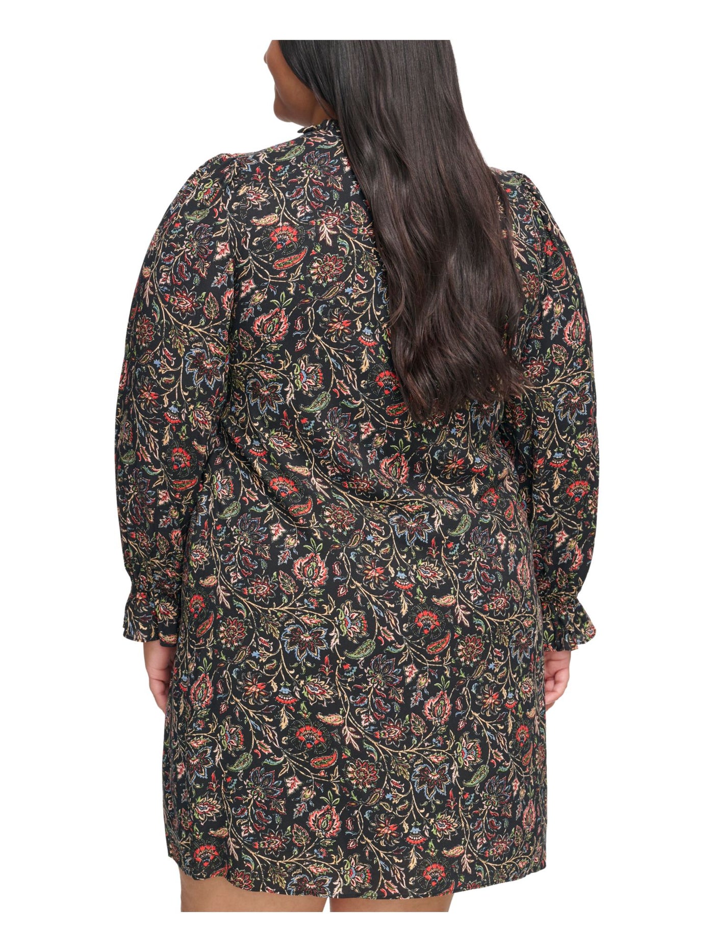 JESSICA HOWARD Womens Black Lined Pleated Ruffle Sleeve Tie Neck Floral Long Sleeve Split Short Shift Dress Plus 18W