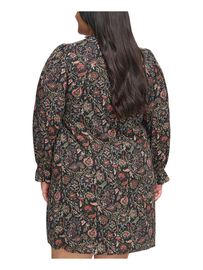 JESSICA HOWARD Womens Black Lined Pleated Ruffle Sleeve Tie Neck Floral Long Sleeve Split Short Shift Dress Plus 18W