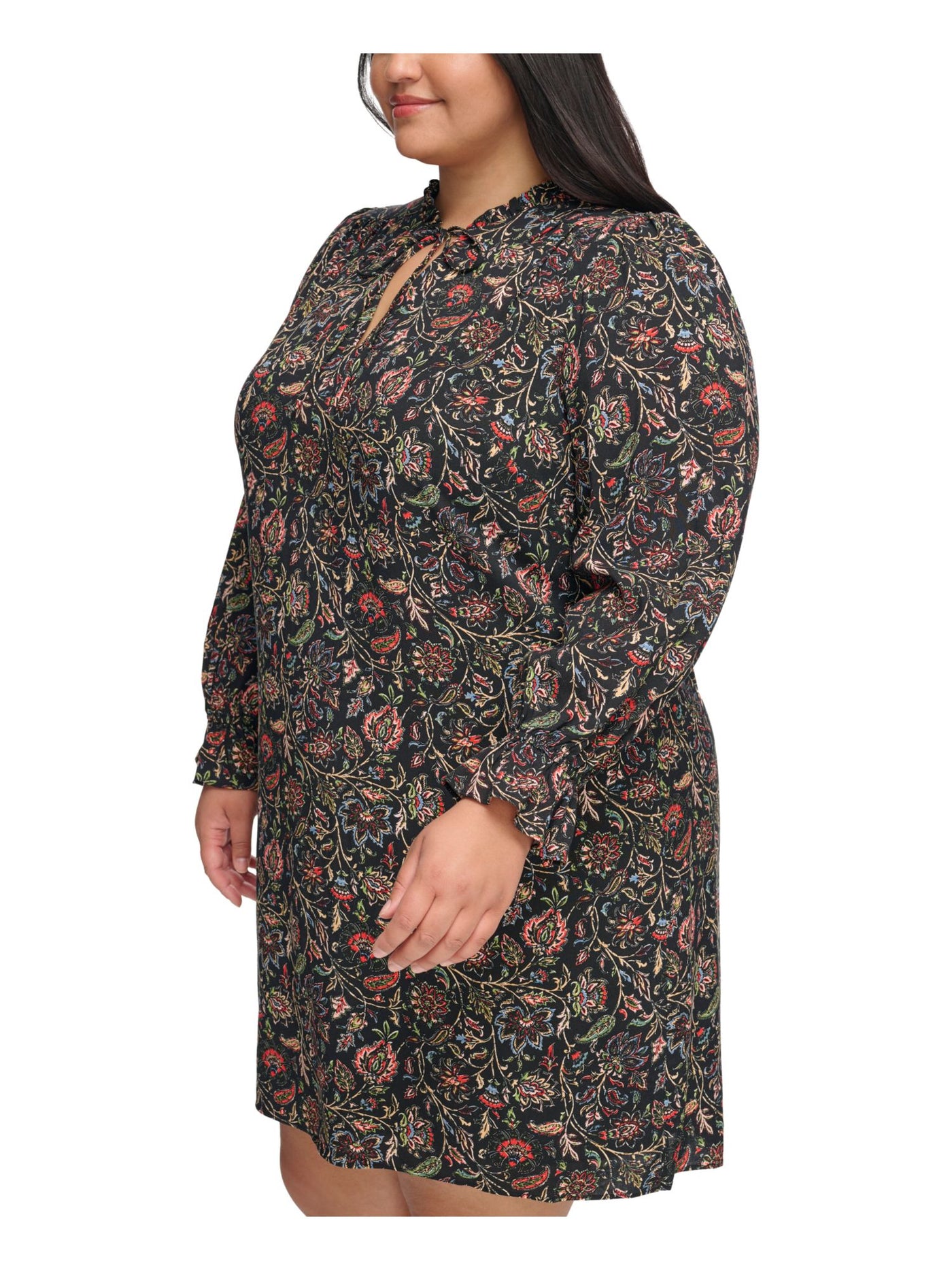 JESSICA HOWARD Womens Black Lined Pleated Ruffle Sleeve Tie Neck Floral Long Sleeve Split Short Shift Dress Plus 18W