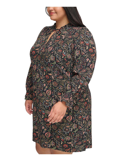 JESSICA HOWARD Womens Black Lined Pleated Ruffle Sleeve Tie Neck Floral Long Sleeve Split Short Shift Dress Plus 18W