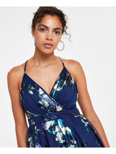 CITY STUDIO Womens Navy Ruched Zippered X-back Banded Waist Spaghetti Strap Surplice Neckline Short Party Fit + Flare Dress Juniors 15\16