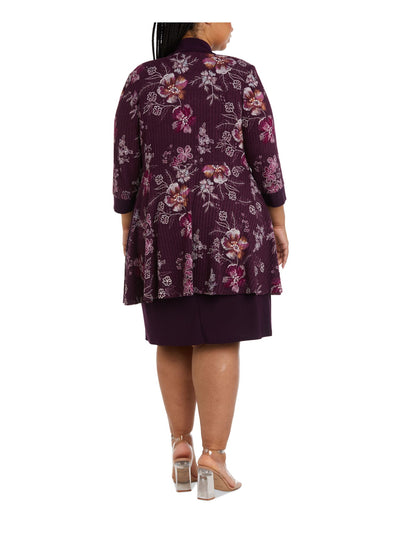 R&M RICHARDS WOMAN Womens Purple Textured Cardigan Floral 3/4 Sleeve Open Front Wear To Work Top Plus 18W