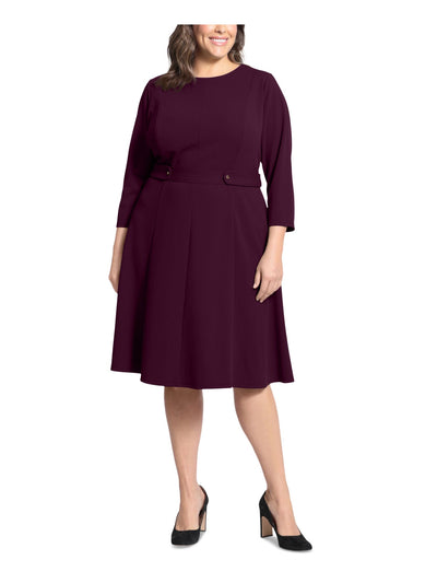 LONDON TIMES Womens Purple Zippered Button-tab Waist 3/4 Sleeve Crew Neck Midi Wear To Work Fit + Flare Dress Plus 14W