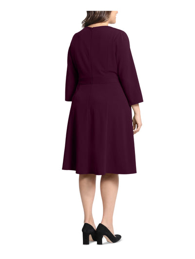 LONDON TIMES Womens Purple Zippered Button-tab Waist 3/4 Sleeve Crew Neck Midi Wear To Work Fit + Flare Dress Plus 14W
